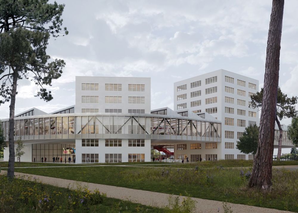 Vue latérale du bâtiment Campus RTS modélisé en BIM par un coordinateur SmartBuilding avec intégration MCR ingénieur Genève smartbuilding Smartbuilding